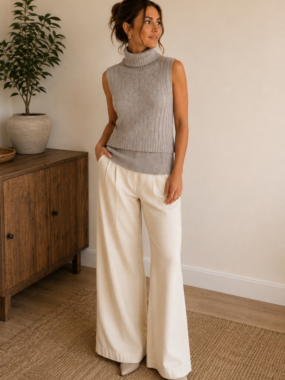 🔹 RD Style Open-Knit Turtleneck Sweater Vest — M